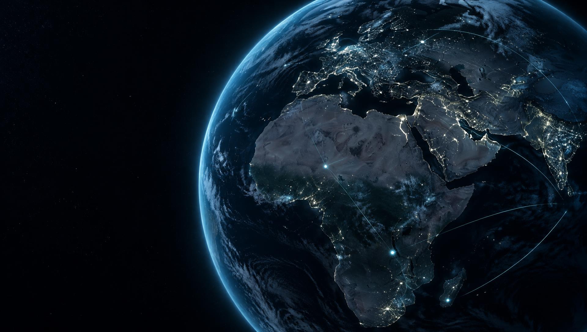 Earth viewed from orbit above Africa and Europe with geospatial signal tracks